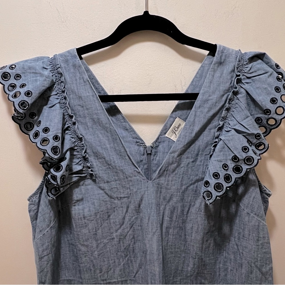 J. Crew Chambray Eyelet Ruffle Sleeve V-Neck sleeveless Sheath Dress Blue 12 - Picture 8 of 10